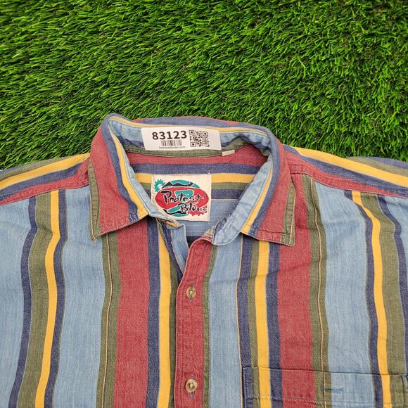 Vintage MOD Striped Denim Button Shirt Medium 22x29 Baggy Vertical-Stripes - Picture 10 of 13